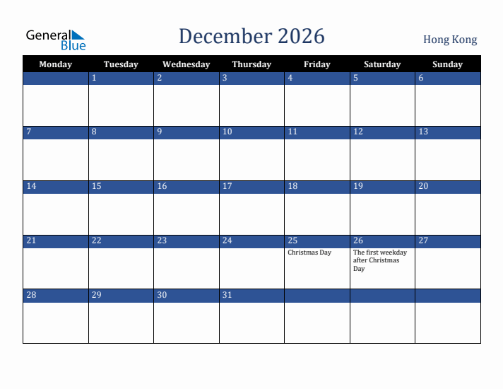 December 2026 Hong Kong Calendar (Monday Start)