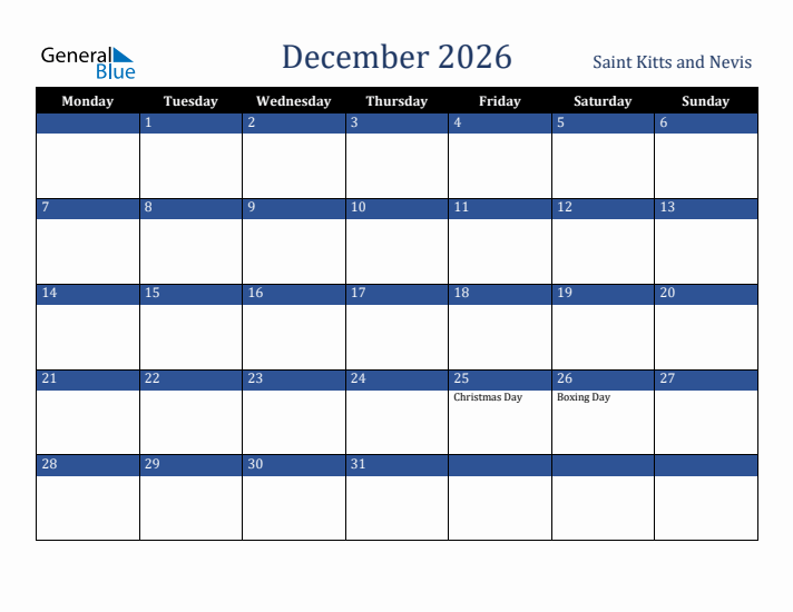 December 2026 Saint Kitts and Nevis Calendar (Monday Start)