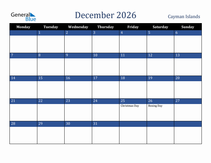 December 2026 Cayman Islands Calendar (Monday Start)