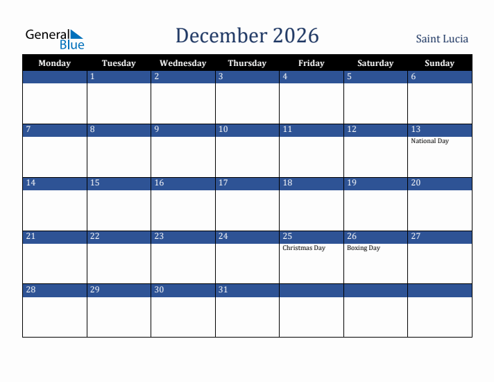 December 2026 Saint Lucia Calendar (Monday Start)
