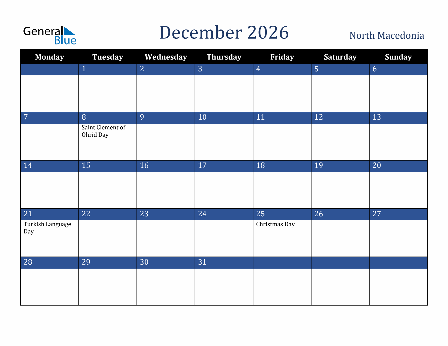 December 2026 North Macedonia Calendar (Monday Start)