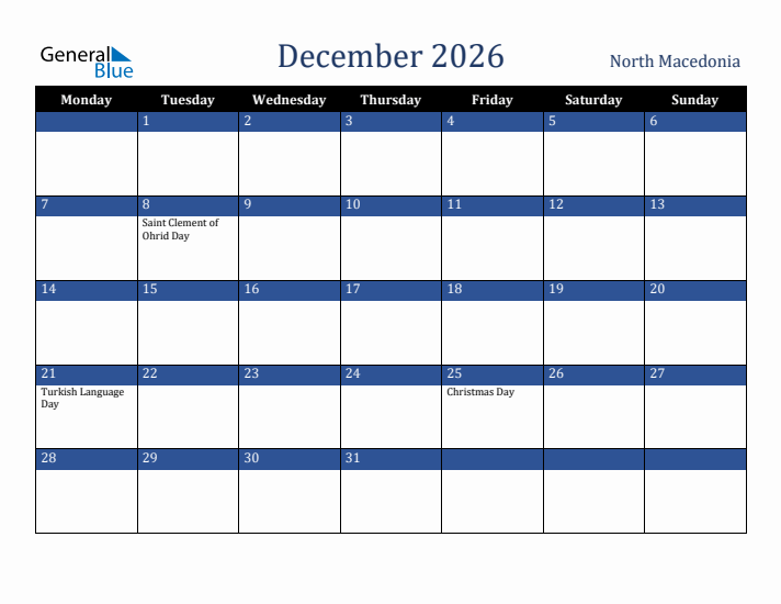 December 2026 North Macedonia Calendar (Monday Start)