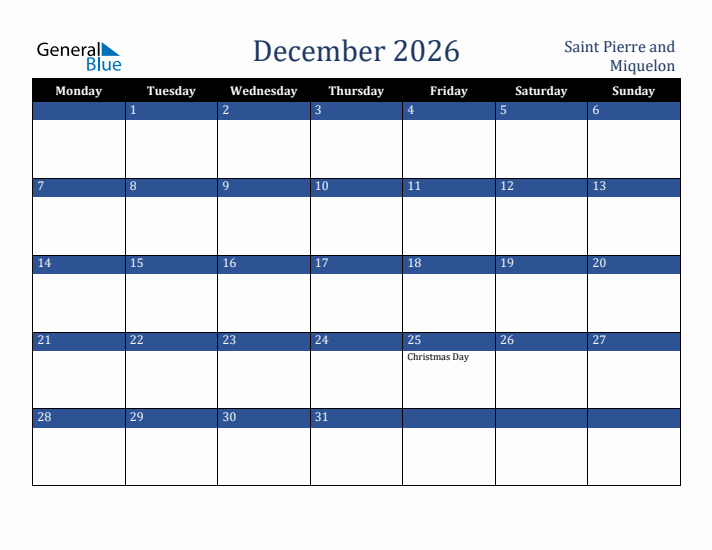 December 2026 Saint Pierre and Miquelon Calendar (Monday Start)