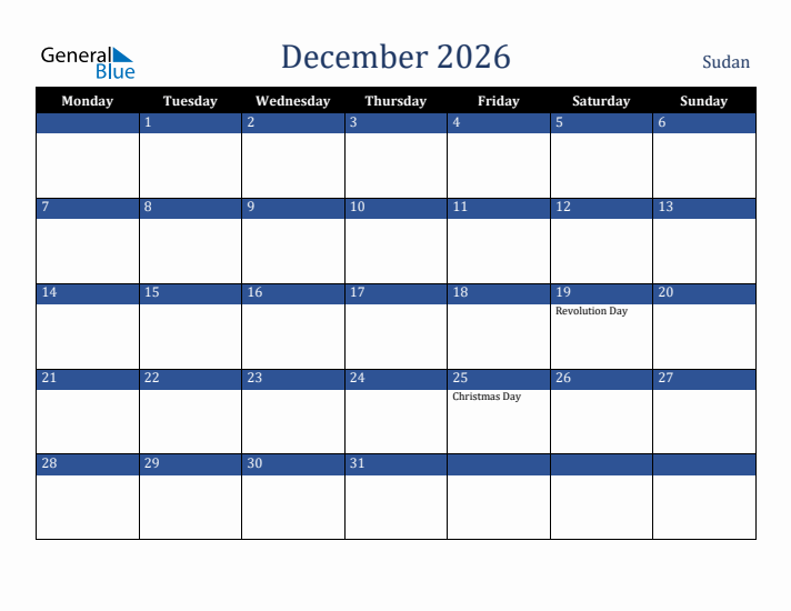 December 2026 Sudan Calendar (Monday Start)
