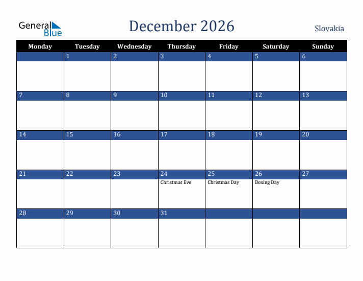 December 2026 Slovakia Calendar (Monday Start)