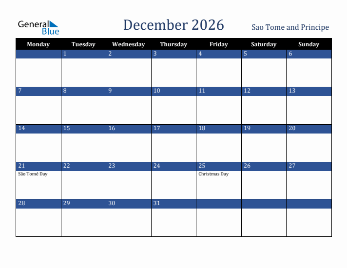 December 2026 Sao Tome and Principe Calendar (Monday Start)