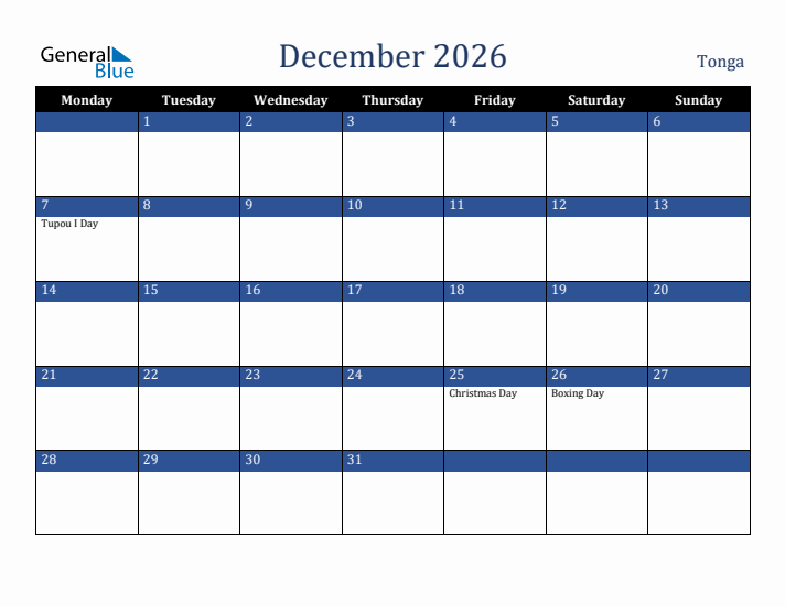 December 2026 Tonga Calendar (Monday Start)
