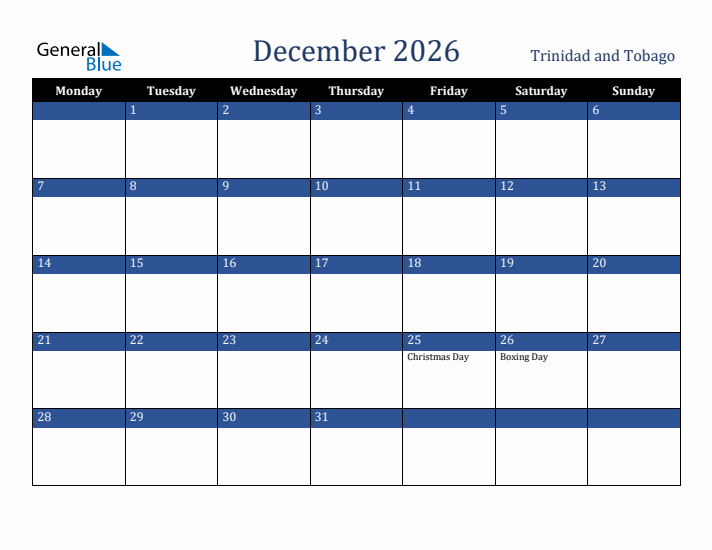 December 2026 Trinidad and Tobago Calendar (Monday Start)