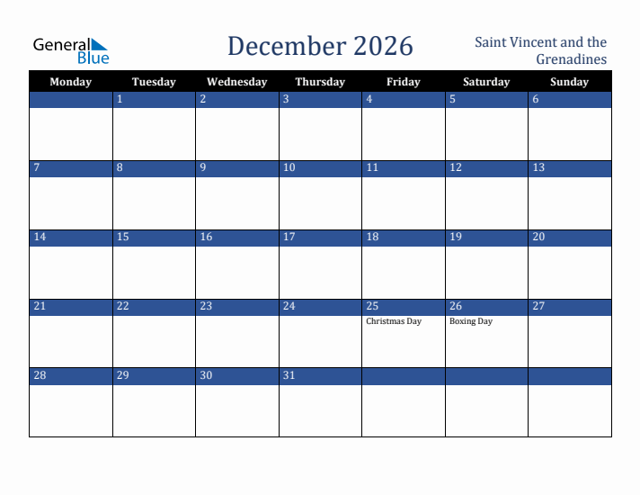 December 2026 Saint Vincent and the Grenadines Calendar (Monday Start)