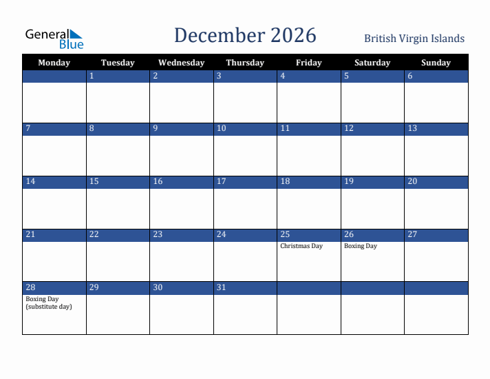 December 2026 British Virgin Islands Calendar (Monday Start)