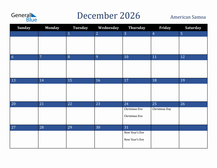 December 2026 American Samoa Calendar (Sunday Start)