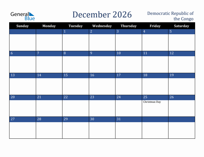 December 2026 Democratic Republic of the Congo Calendar (Sunday Start)