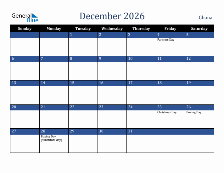 December 2026 Ghana Calendar (Sunday Start)