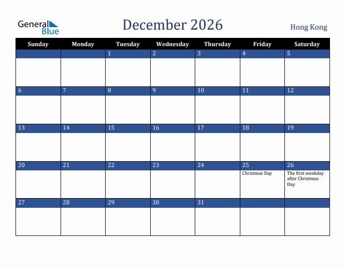 December 2026 Hong Kong Calendar (Sunday Start)