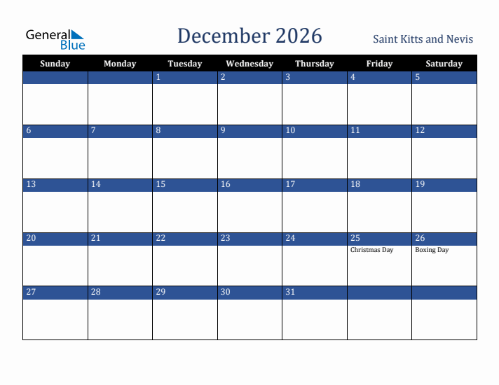 December 2026 Saint Kitts and Nevis Calendar (Sunday Start)