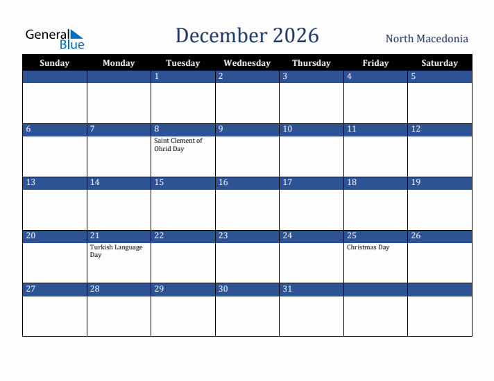 December 2026 North Macedonia Calendar (Sunday Start)