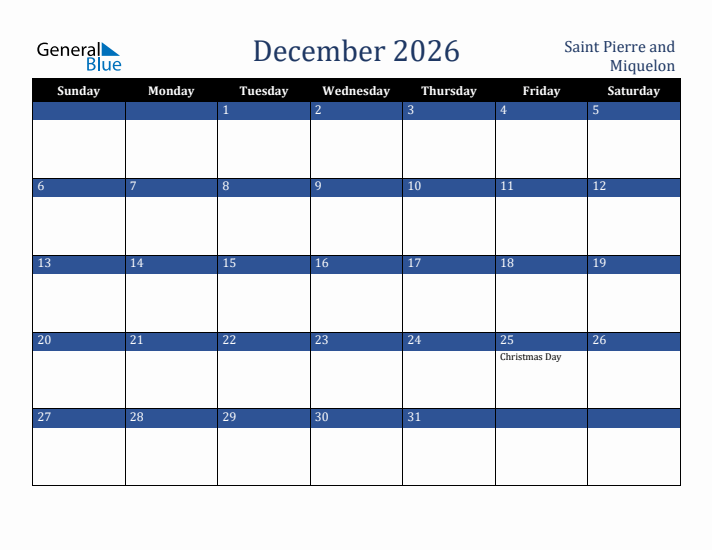 December 2026 Saint Pierre and Miquelon Calendar (Sunday Start)