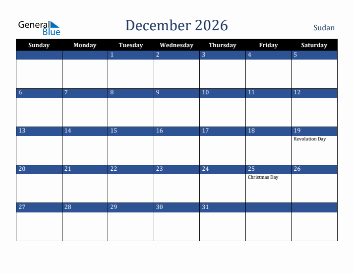 December 2026 Sudan Calendar (Sunday Start)