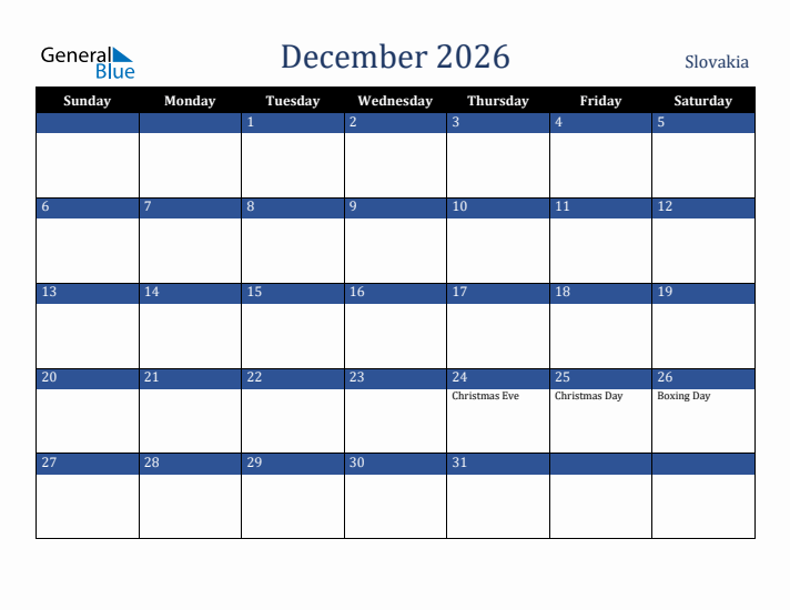 December 2026 Slovakia Calendar (Sunday Start)