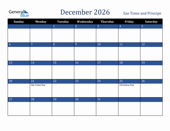 December 2026 Sao Tome and Principe Calendar (Sunday Start)