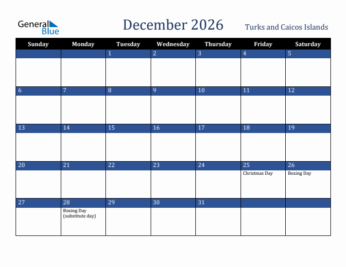 December 2026 Turks and Caicos Islands Calendar (Sunday Start)