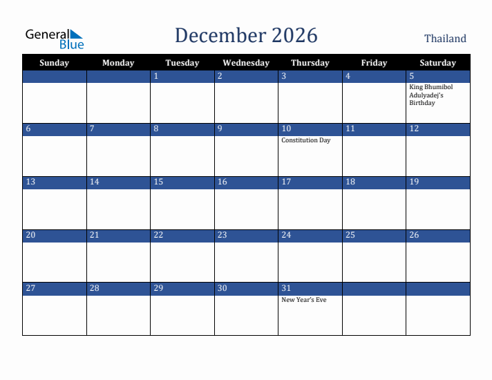 December 2026 Thailand Calendar (Sunday Start)