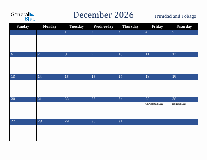 December 2026 Trinidad and Tobago Calendar (Sunday Start)