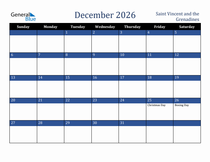 December 2026 Saint Vincent and the Grenadines Calendar (Sunday Start)