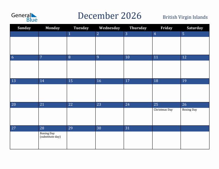 December 2026 British Virgin Islands Calendar (Sunday Start)