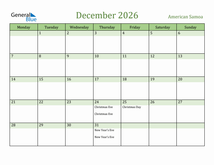 December 2026 Calendar with American Samoa Holidays