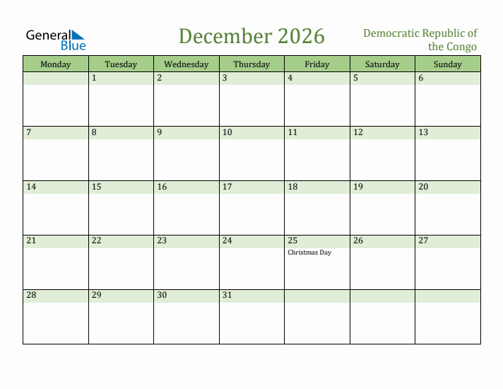 December 2026 Calendar with Democratic Republic of the Congo Holidays