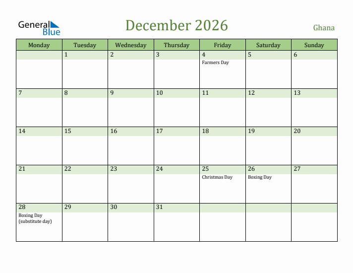 December 2026 Calendar with Ghana Holidays