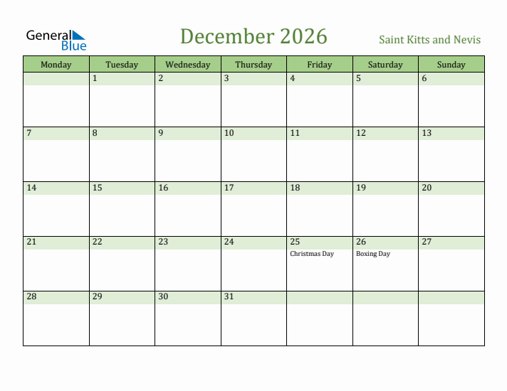 December 2026 Calendar with Saint Kitts and Nevis Holidays