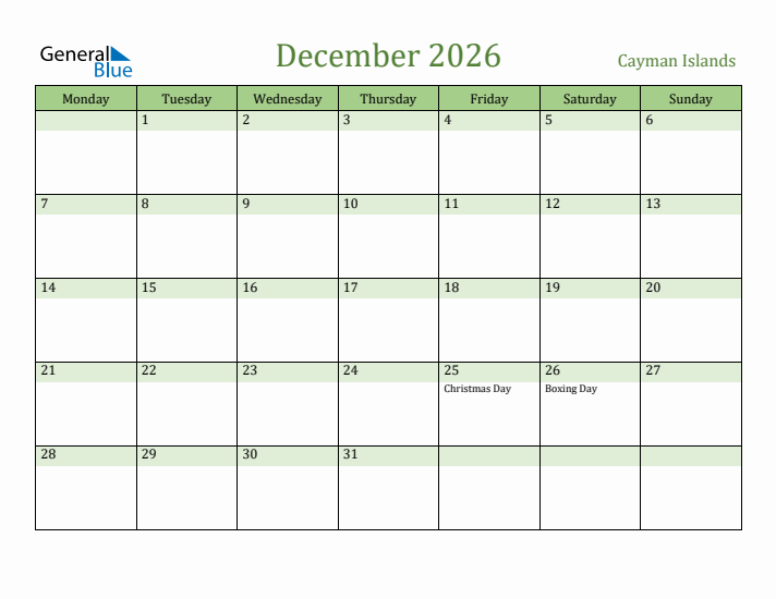 December 2026 Calendar with Cayman Islands Holidays