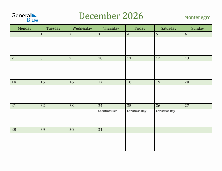 December 2026 Calendar with Montenegro Holidays