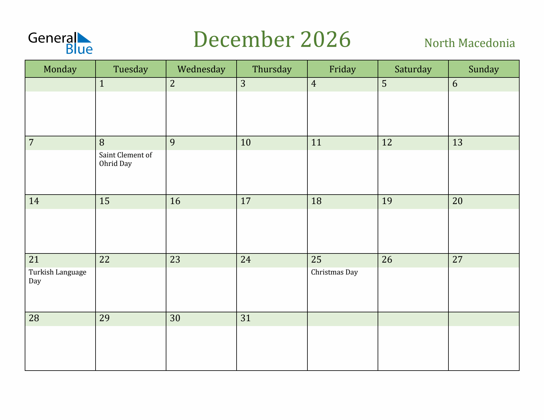 December 2026 Calendar with North Macedonia Holidays