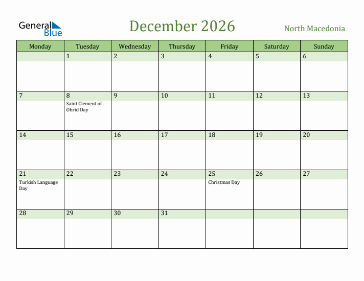 December 2026 Calendar with North Macedonia Holidays