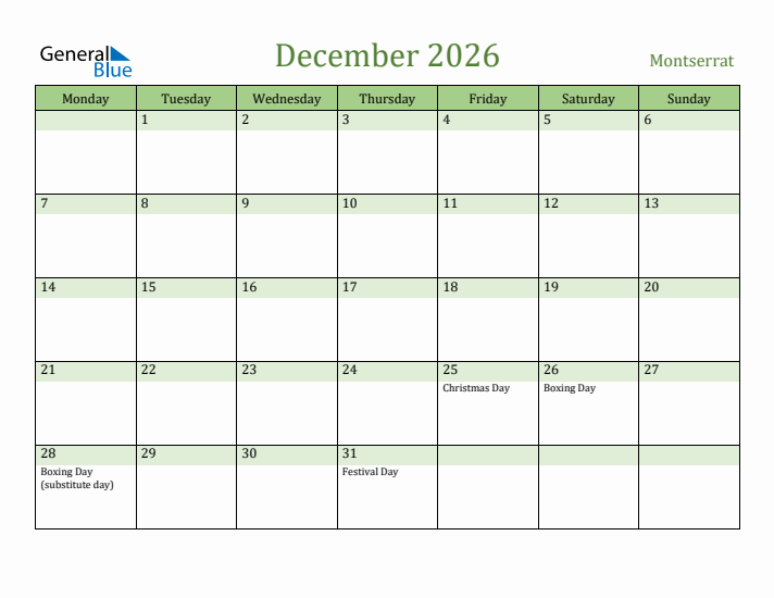 December 2026 Calendar with Montserrat Holidays