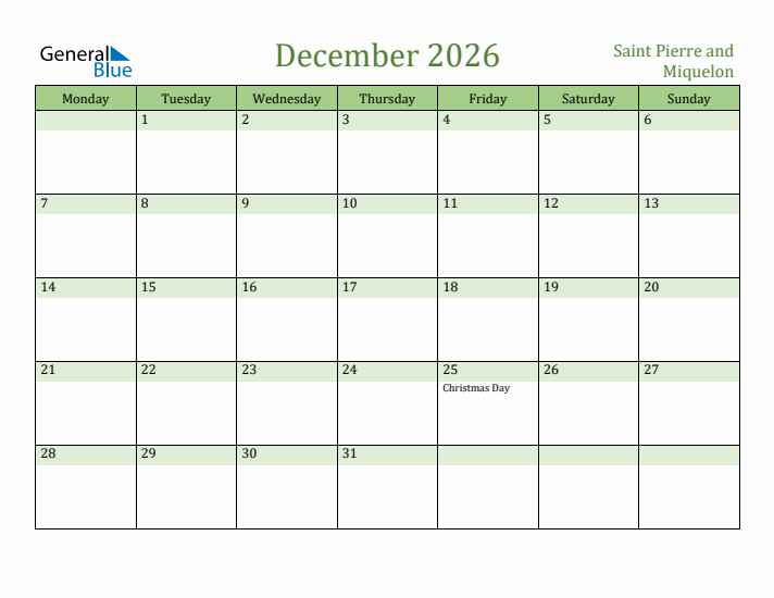 December 2026 Calendar with Saint Pierre and Miquelon Holidays