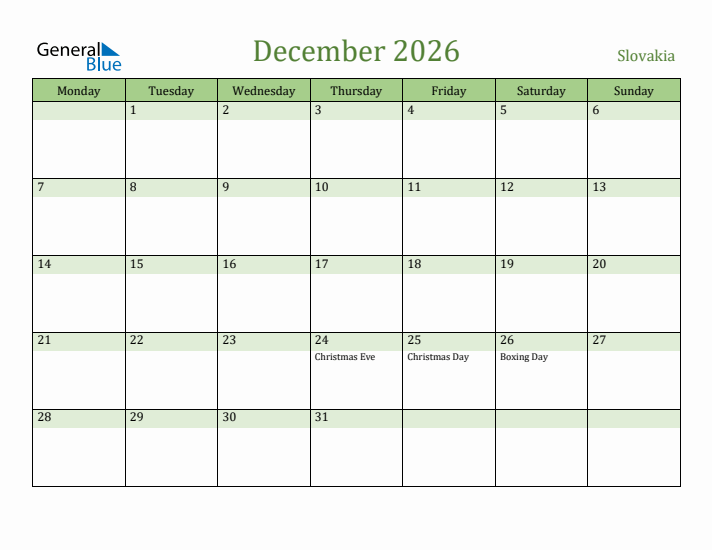 December 2026 Calendar with Slovakia Holidays