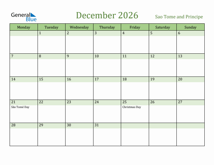 December 2026 Calendar with Sao Tome and Principe Holidays