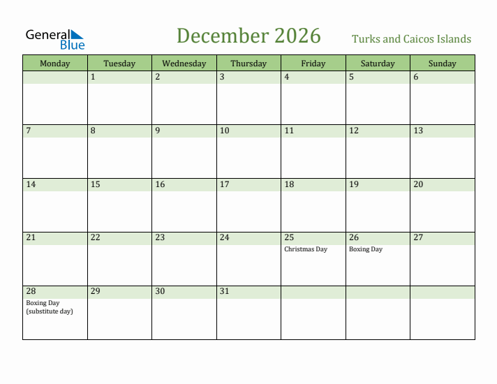 December 2026 Calendar with Turks and Caicos Islands Holidays