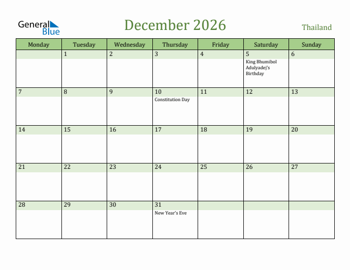 December 2026 Calendar with Thailand Holidays