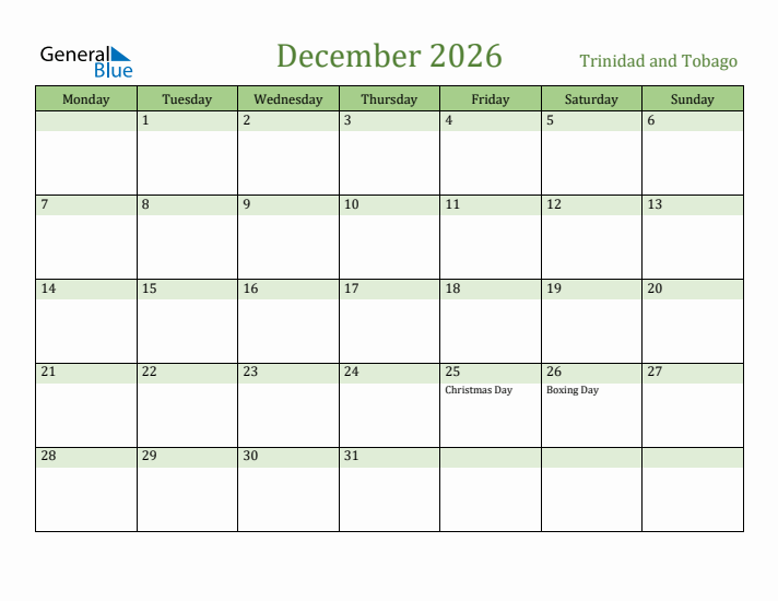 December 2026 Calendar with Trinidad and Tobago Holidays