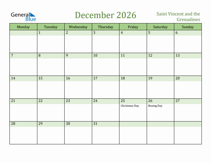 December 2026 Calendar with Saint Vincent and the Grenadines Holidays