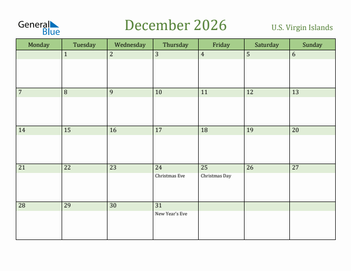 December 2026 Calendar with U.S. Virgin Islands Holidays