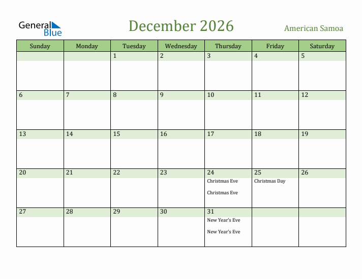 December 2026 Calendar with American Samoa Holidays