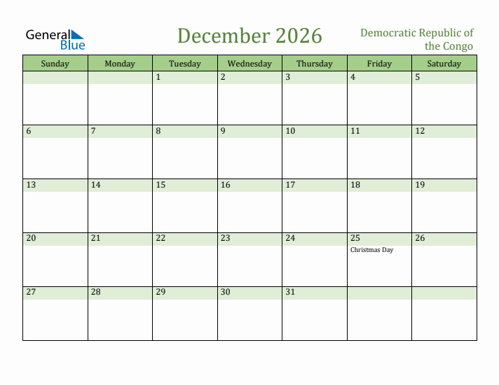 December 2026 Calendar with Democratic Republic of the Congo Holidays