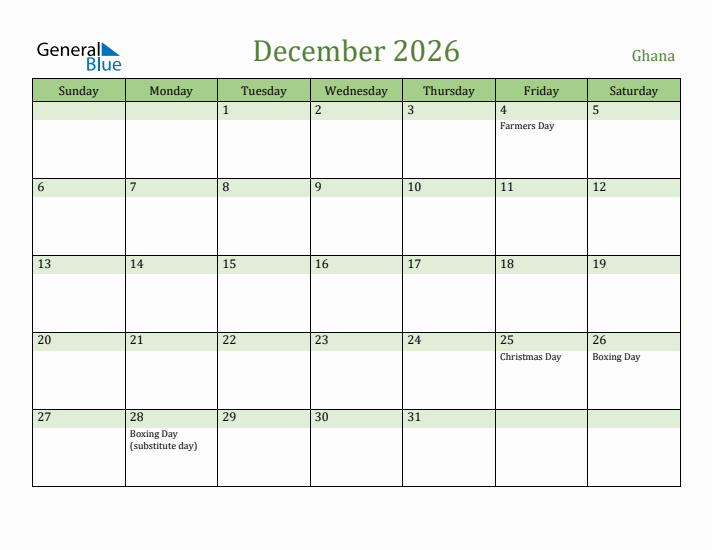 December 2026 Calendar with Ghana Holidays