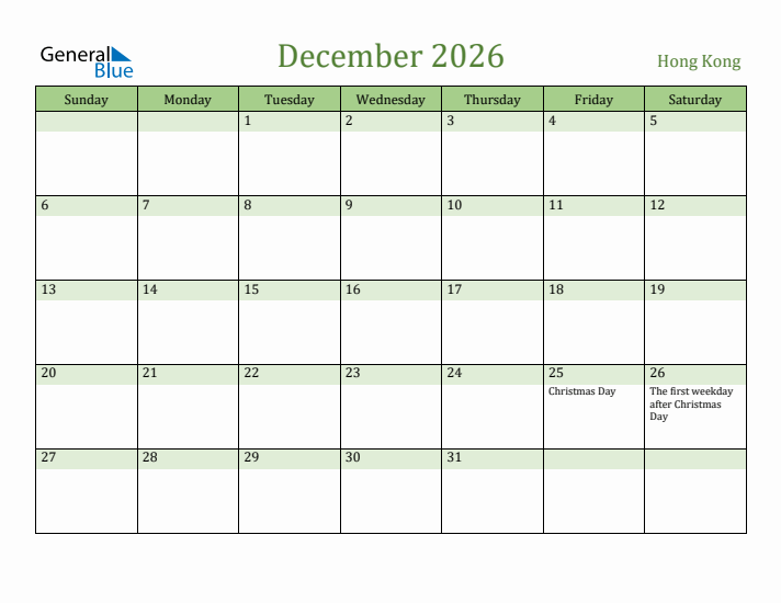 December 2026 Calendar with Hong Kong Holidays